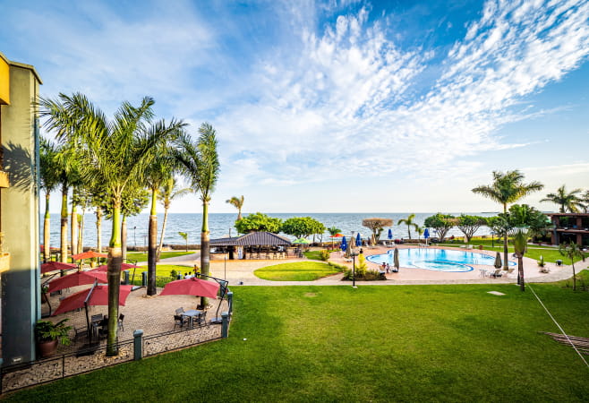 An upscale hotel resort complex along the shore of Lake Victoria, Entebbe, Uganda