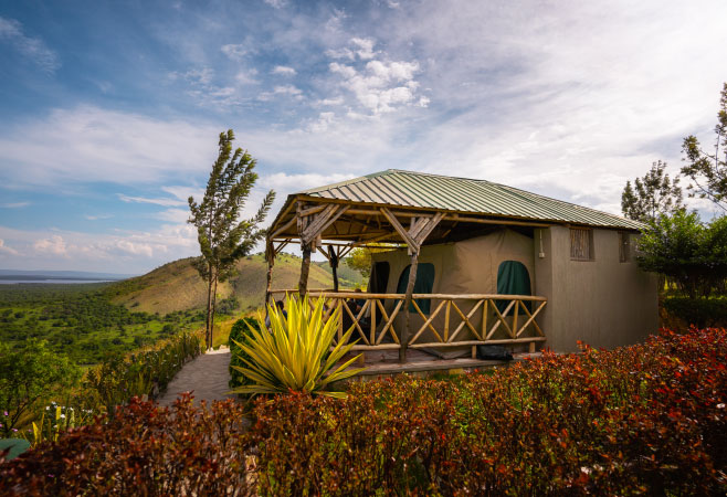 Lodge with a beautiful view in Lake MBuro National Park in Uganda