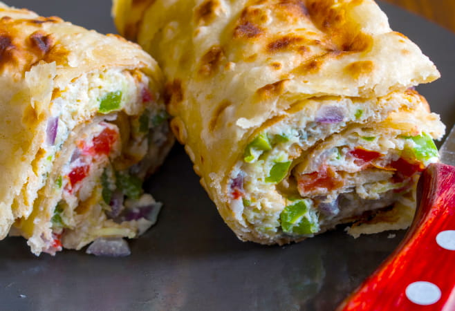 Ugandan popular street food known as 'Ugandan rolex'. It is an omelette wrapped in a chapati