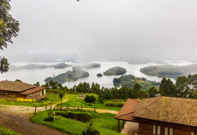 View of Bunyonyi lake from Arcadia Lodges resort, Uganda