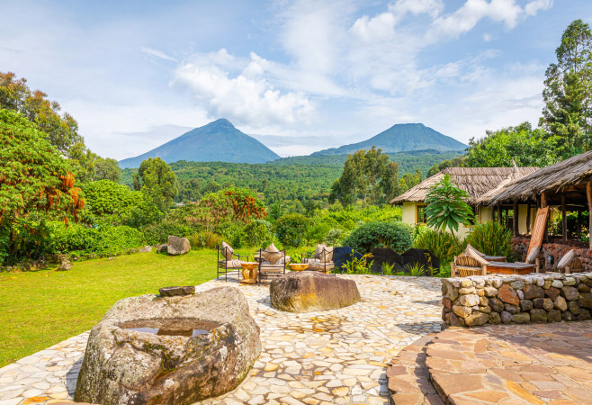 View of mount Sabyinyo and mount Gahinga in the Volcanoes National Park in Rwanda
